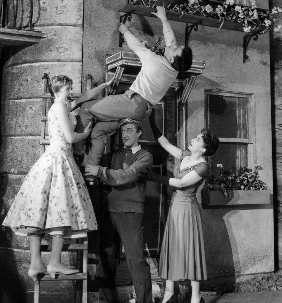 Bernard Cribbins on stage at the Hammersmith Lyric Theatre in 1957