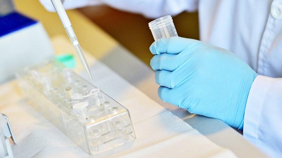 A scientist filling sample tubes with a pipette.