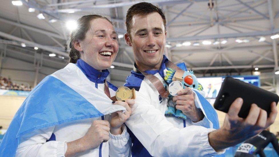 Scotlands John Archibald takes a selfie after winning a silver medal in the men's 4,000m individual pursuit after sister Katie Archibald won gold in the women's 3,000m individual pursuit