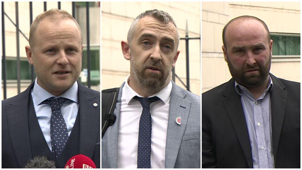 A composite photo of Jamie Bryson,  Daithi McKay and Thomas O'Hara. 