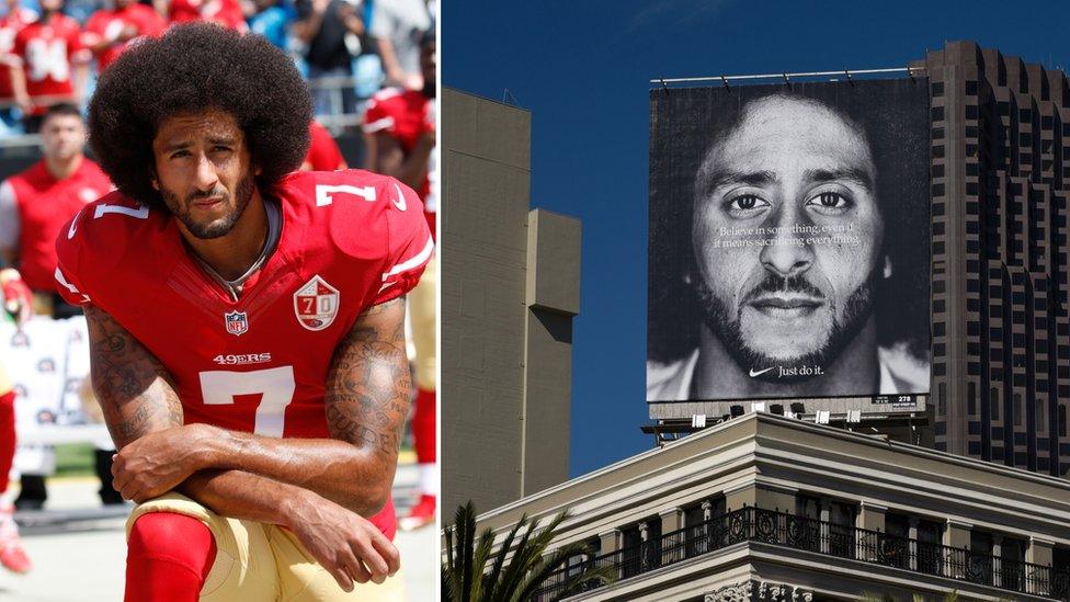 Collage of Colin Kaepernick kneeling, and on a billboard for Nike