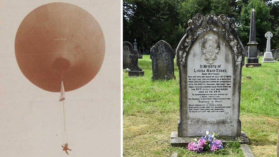 A man parachuting from the balloon from that era and Louisa's grave