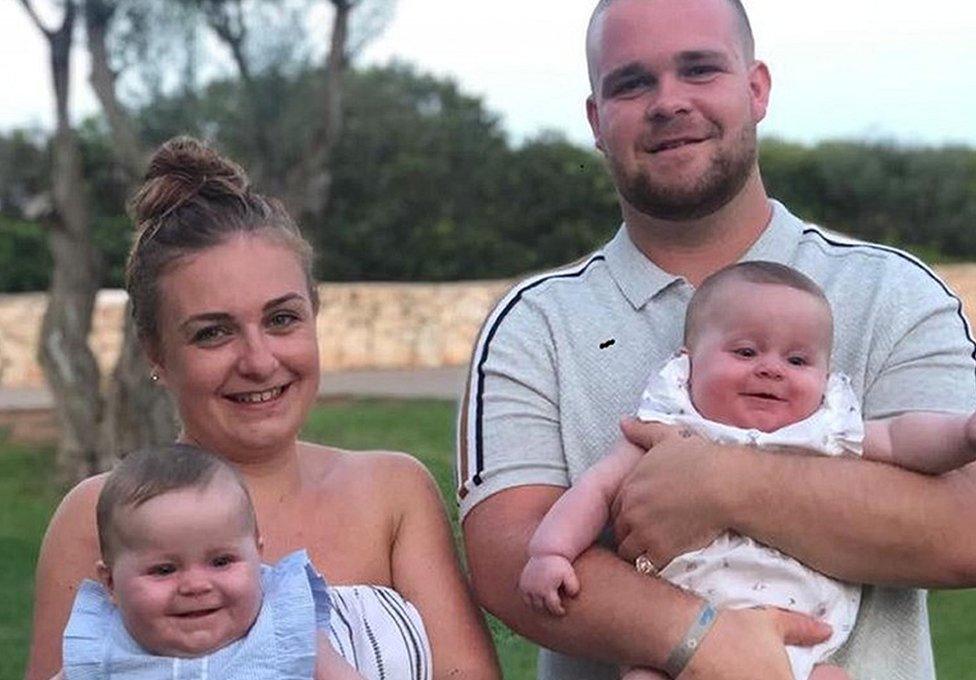 Lauren Woods and Jack Edwards, with six-month-old daughters Mia and Grace