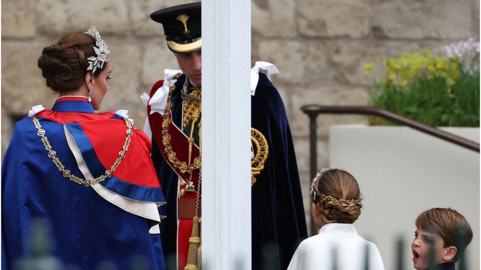 Prince William, Catherine, Princess of Wales, and their children Princess Charlotte and Prince Louis arrive at Westminster Abbey