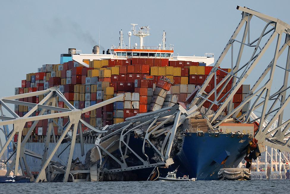 A view of the Dali cargo vessel which crashed into the Francis Scott Key Bridge causing it to collapse in Baltimore, Maryland, US, on 26 March 2024