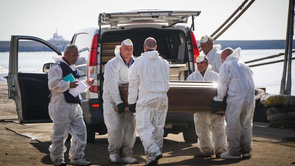 Coffins of dead migrants in Salerno, 5 Nov 17