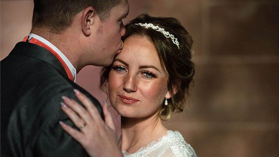 Jeni Arrowsmith and Mark Wood after the wedding ceremony