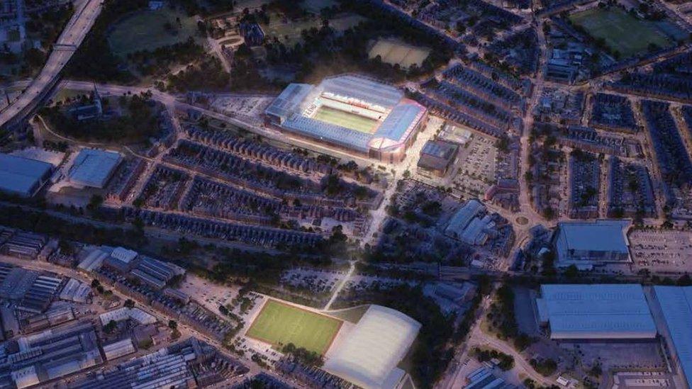 Villa Park redevelopment lit up at night