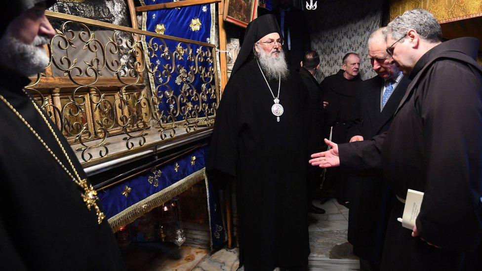 Prince of Wales at the crypt during a visit to the Church of the Nativity