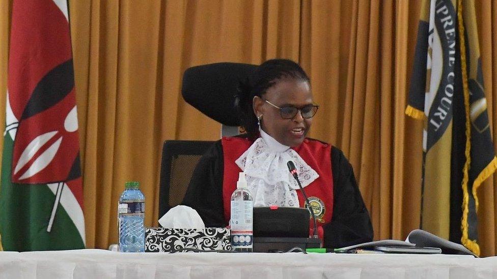 Martha Koome, Chief Justice and President of the Supreme Court, reads out the judgement on petitions challenging the outcome of the August 2022 presidential election, at the Supreme Court of Kenya in Nairobi on September 5, 202