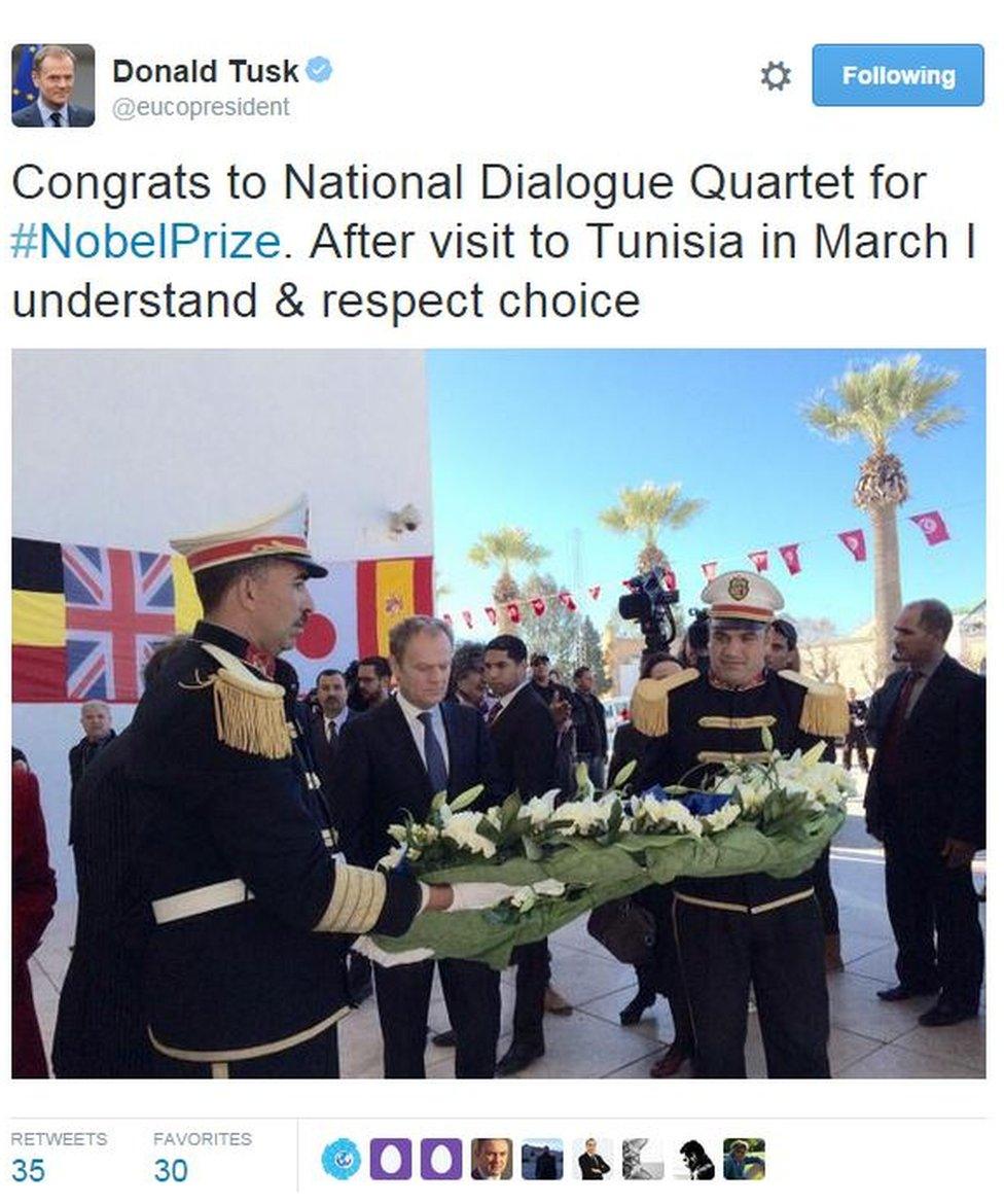 Donald Tusk tweets: Congrats to National Dialogue Quartet for #NobelPrize. After visit to Tunisia in March I understand & respect choice