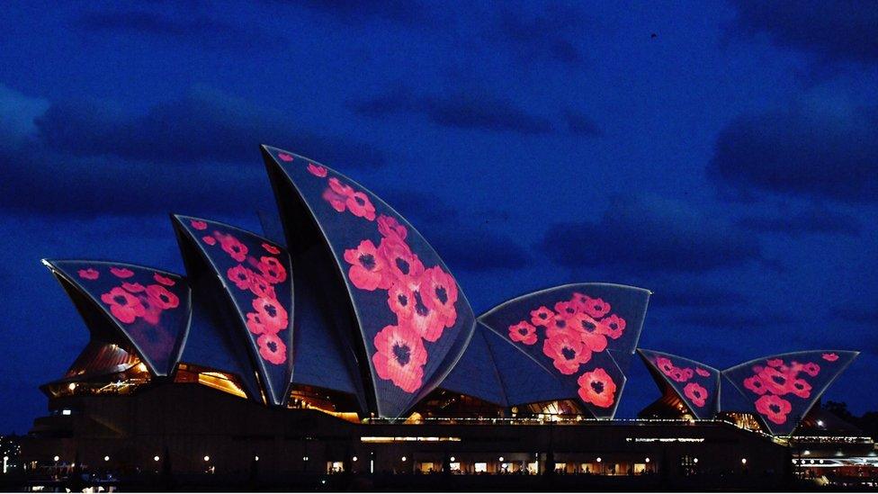 The sails of the Sydney Opera House are seen illuminated with red poppies