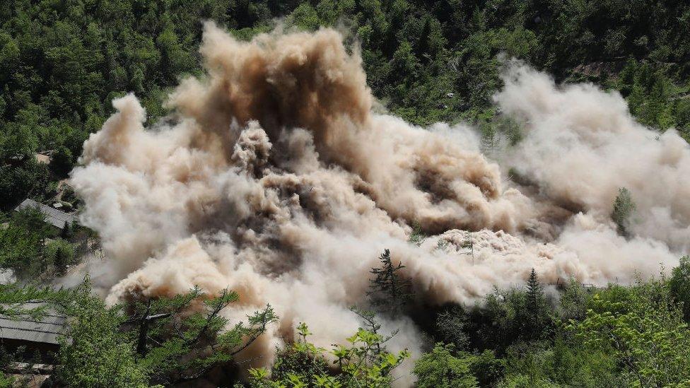 The Punggye-ri nuclear test site is demolished on May 24, 2018 in Punggye-ri, North Korea.