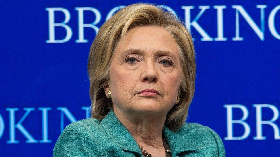 US Democratic presidential candidate Hillary Clinton takes part in a discussion at the Brookings Institution