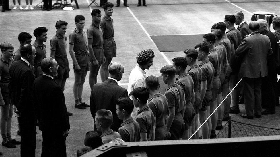 Ball boys lining up to greet Princess Marina, Duchess of Kent, circa 1957