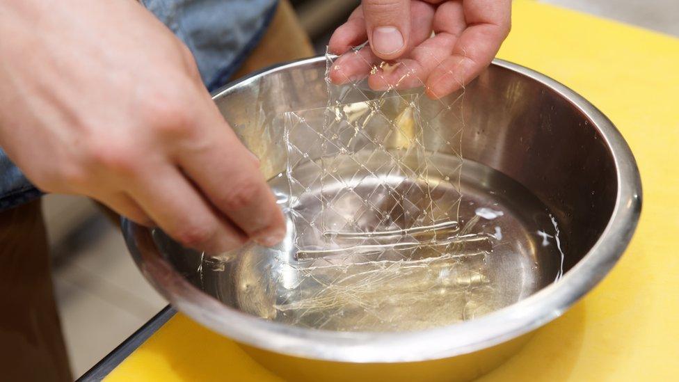 Gelatin sheets being soaked in water