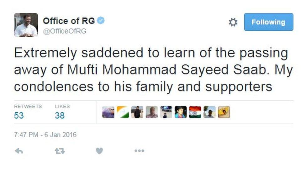 Rahul Gandhi: Extremely saddened to learn of the passing away of Mufti Mohammad Sayeed Saab. My condolences to his family and supporters