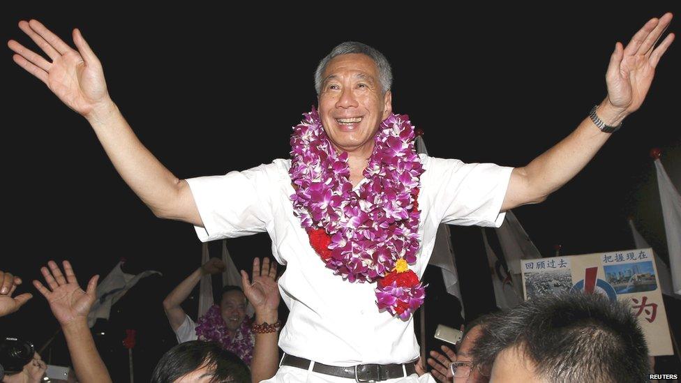 Singapore Prime Minister Lee Hsien Loong celebrates winning the general election