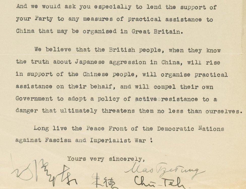 Photo of an extract of the letter from Mao Zedong to Clement Attlee