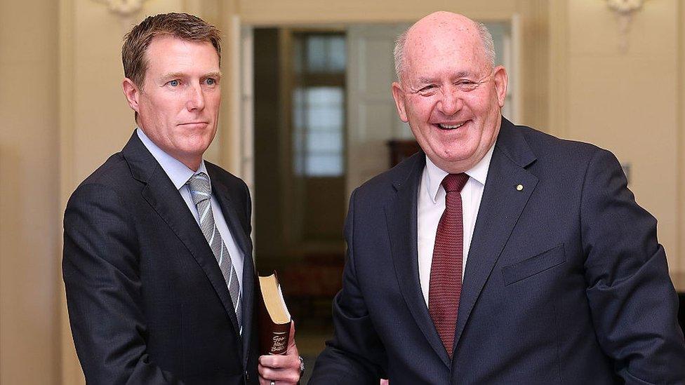 Australian Social Services Minister Christian Porter, left, with Governor-General Peter Cosgrove