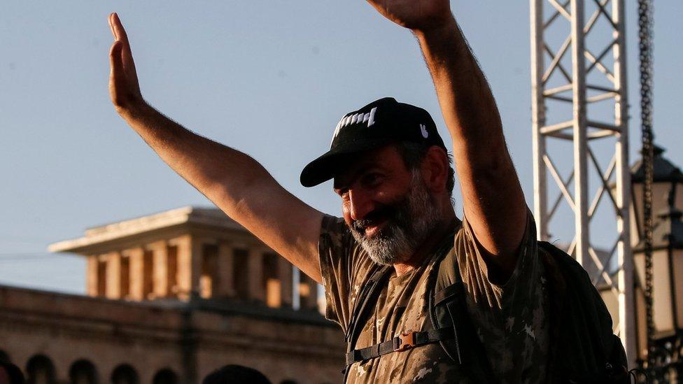 Armenian opposition leader Nikol Pashinyan waves to his supporters at a rally in Yerevan, Armenia May 2, 2018.