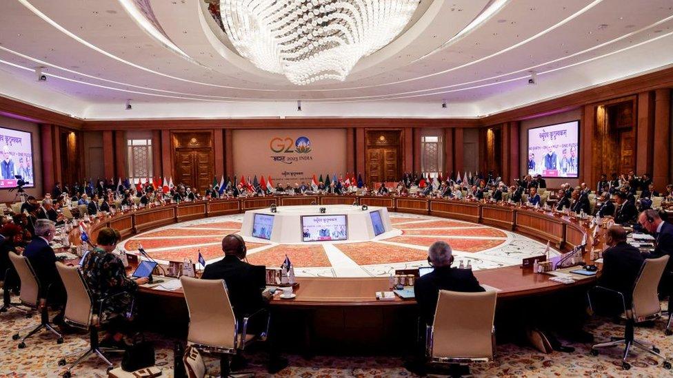 Leaders of the G20 nations attend the second working session of the G20 Leaders' Summit at Bharat Mandapam in New Delhi on September 9, 2023. (Photo by Ludovic MARIN / POOL / AFP) (Photo by LUDOVIC MARIN/POOL/AFP via Getty Images)