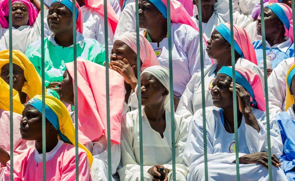 Zimbabwean worshippers and congregants from various indigenous church denominations listen to Zimbabwe first lady addressing a rally on November 5, 2017 in Harare