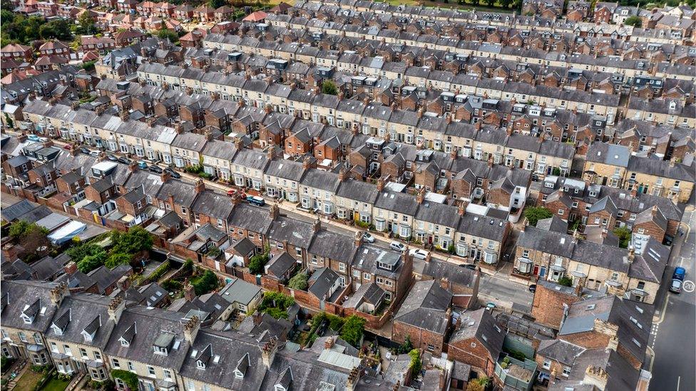 Aerial view of terraced streets.