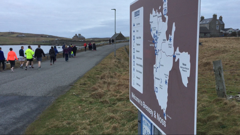 Runners arrive on Bressay