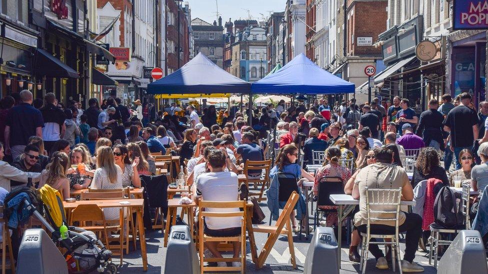 Busy restaurants in Old Compton Street, Soho over the bank holiday weekend.