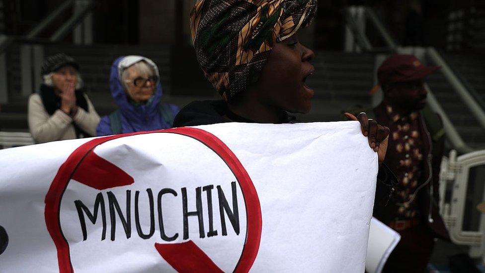 Protestors outside Mnuchin heaing