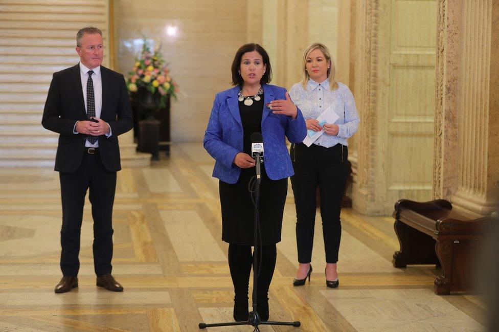 Sinn Féin politicians Conor Murphy, Mary Lou McDonald and Michelle O'Neill