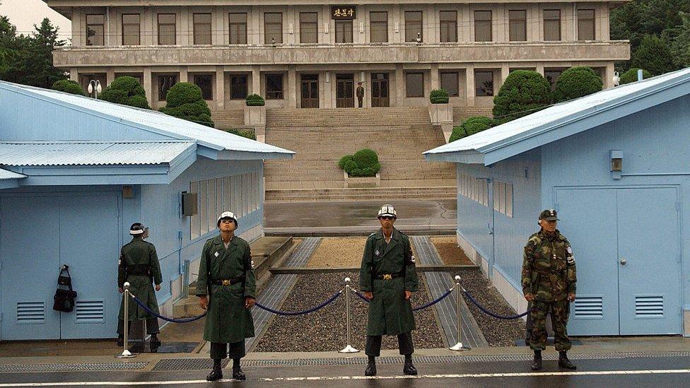 South Korean soldiers stand in Panmunjom on 27 July 2003