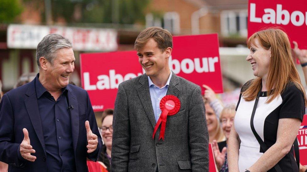 Keir Mather MP, centre, pictured at a celebration rally in Selby with Labour leader Sir Keir Starmer MP and deputy leader Angela Rayner MP