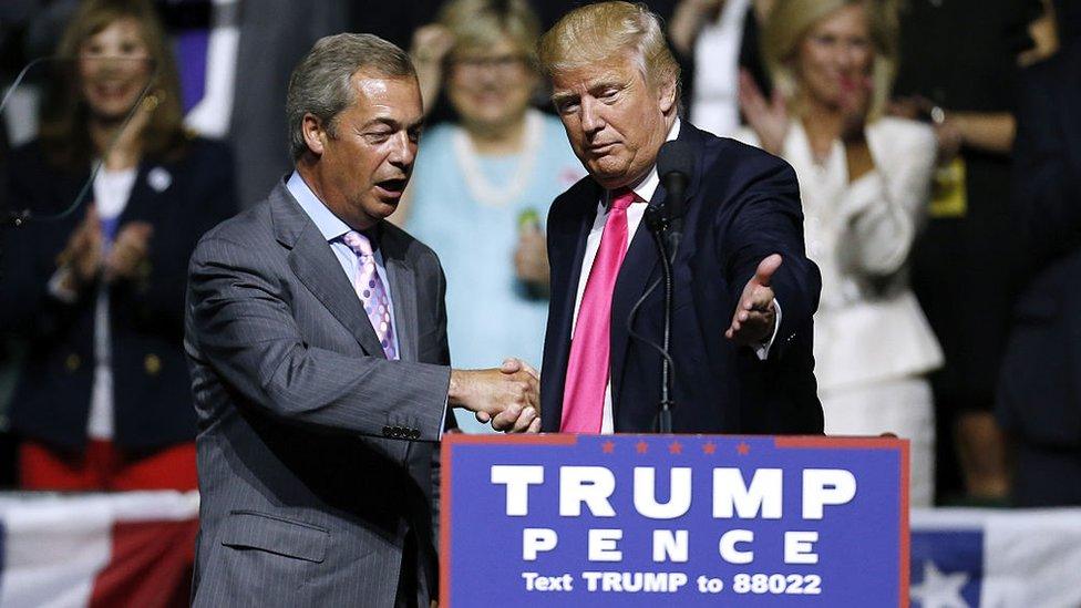 Donald Trump, right, invites United Kingdom Independence Party leader Nigel Farage to speak during a campaign rally