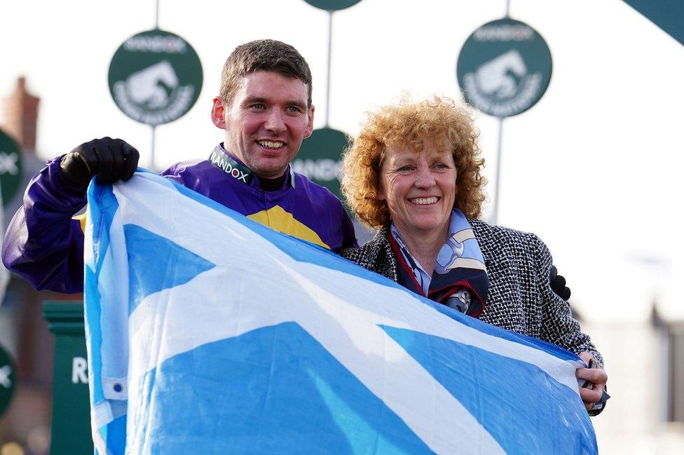 Derek Fox and Lucinda Russell celebrate after Corach Rambler's win in the Grand National