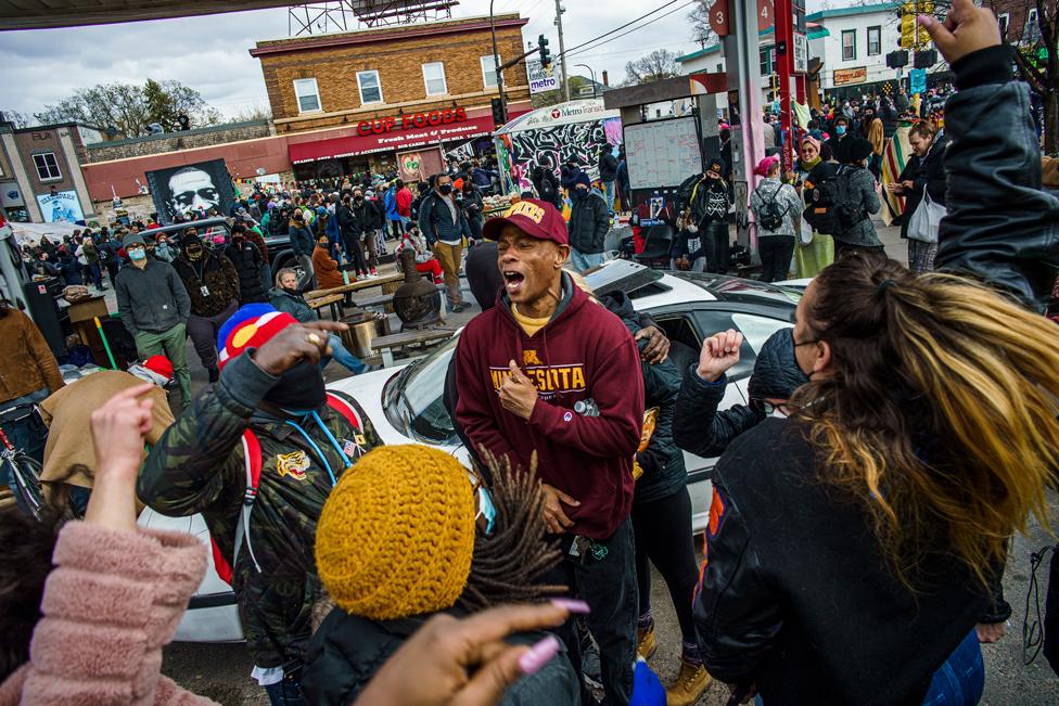 People gathered at George Floyd Square react to the news of a guilty verdict in the trial of former Minneapolis police officer Derek Chauvin