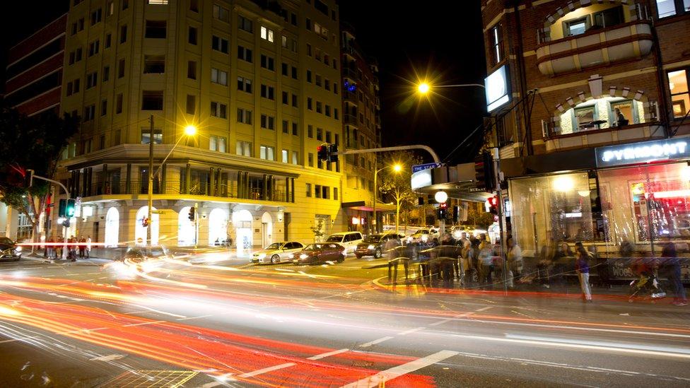 An image of a street at night in Sydney's inner Pyrmont suburb