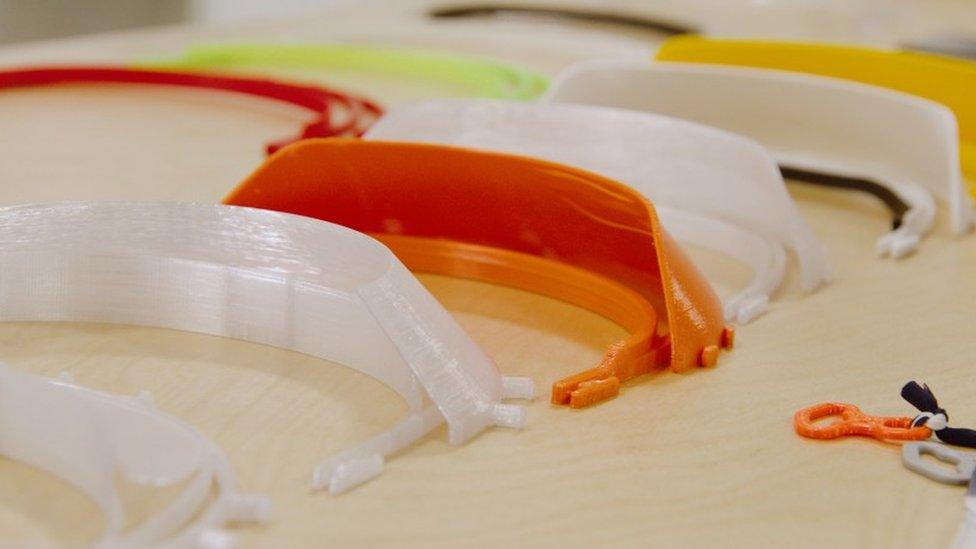 3D printed headbands designed to work with face shields that will be distributed to healthcare professionals