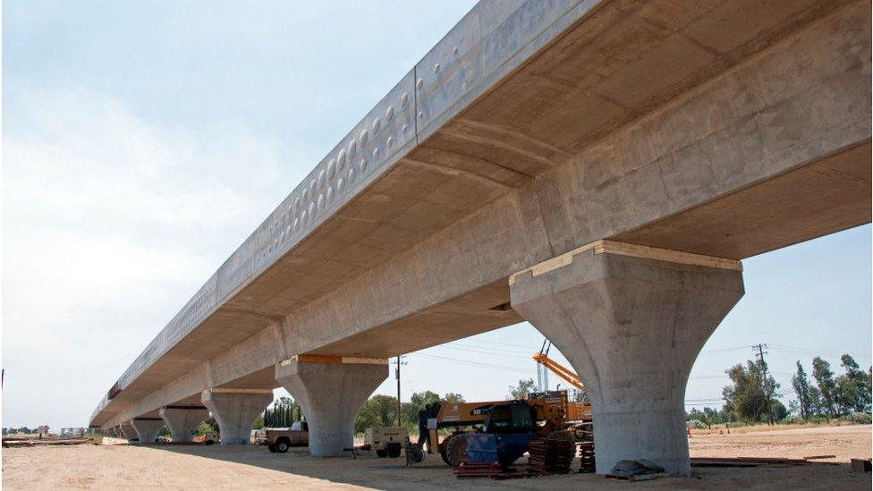 In this handout image provided by the California High-Speed Rail Authority, Construction of the Fresno River Viaduct seen between Raymond Road and Watson Street