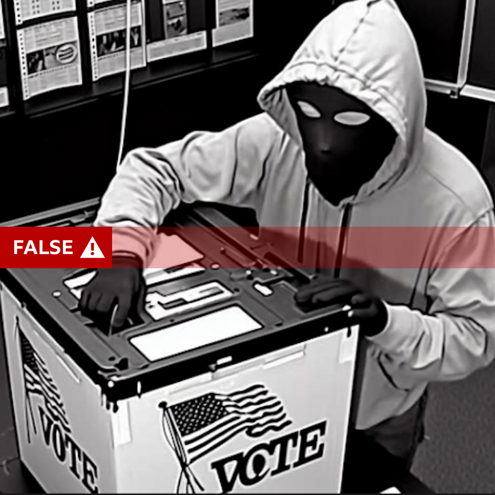 A photo generated with Microsoft's Image Creator using the following prompt: “A black and white security camera photo showing a covered individual tampering with a US ballot box.”