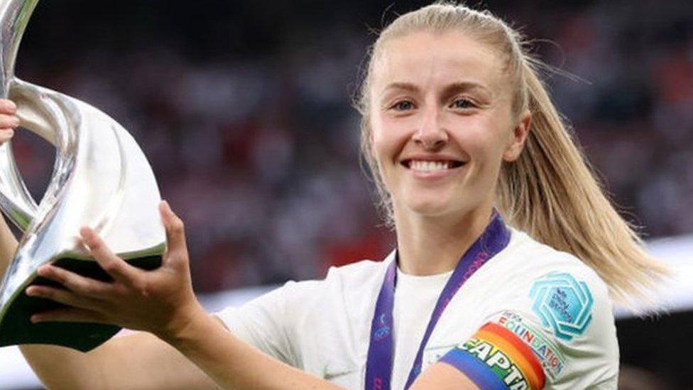 Leah Williamson of England celebrates with the trophy following her teams victory during the UEFA Women's Euro 2022 final match between England and Germany at Wembley Stadium, 31 July 2022