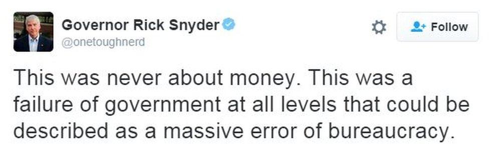 Screen grab of tweet from Mr Snyder saying: "This was never about money. This was a failure of government at all levels that could be described as a massive error of bureaucracy,"