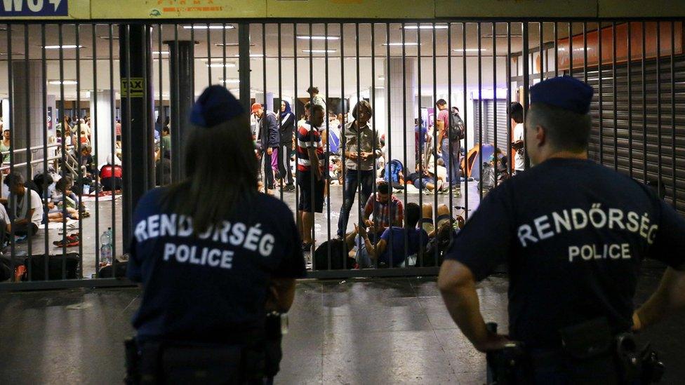 Hungarian police guard entrance to Keleti in Budapest on 2 September 2015