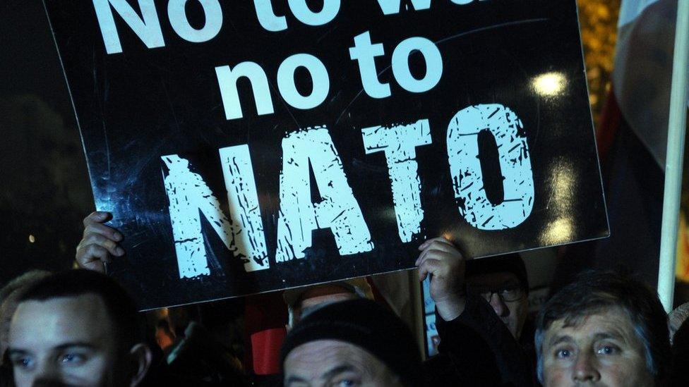 Montenegrins stage a protest in Podgorica against membership in Nato on 12 December 2015