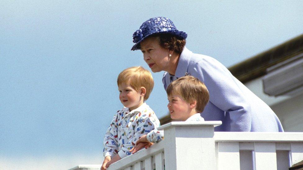 The Queen With Prince William And Prince Harry In The Royal Box At Guards Polo Club, Smiths Lawn, Windsor in 1987