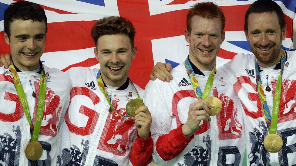 Team GB team pursuit cyclists with gold medals at Rio 2016