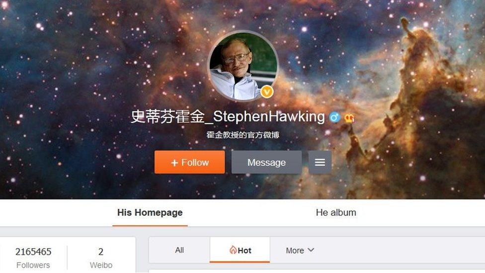 Screenshot of Stephen Hawking's Weibo account taken on 13 April 2016