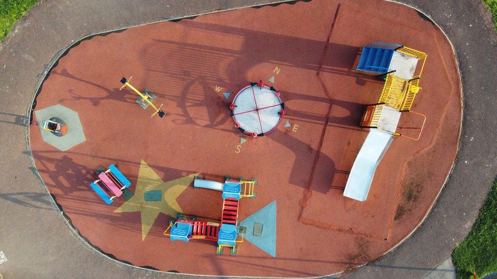 An aerial shot of a playground