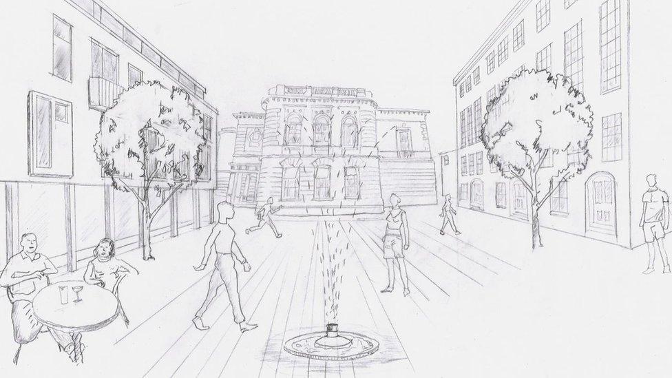 Cavendish Square Towards Old Court House shown in an artist's sketch